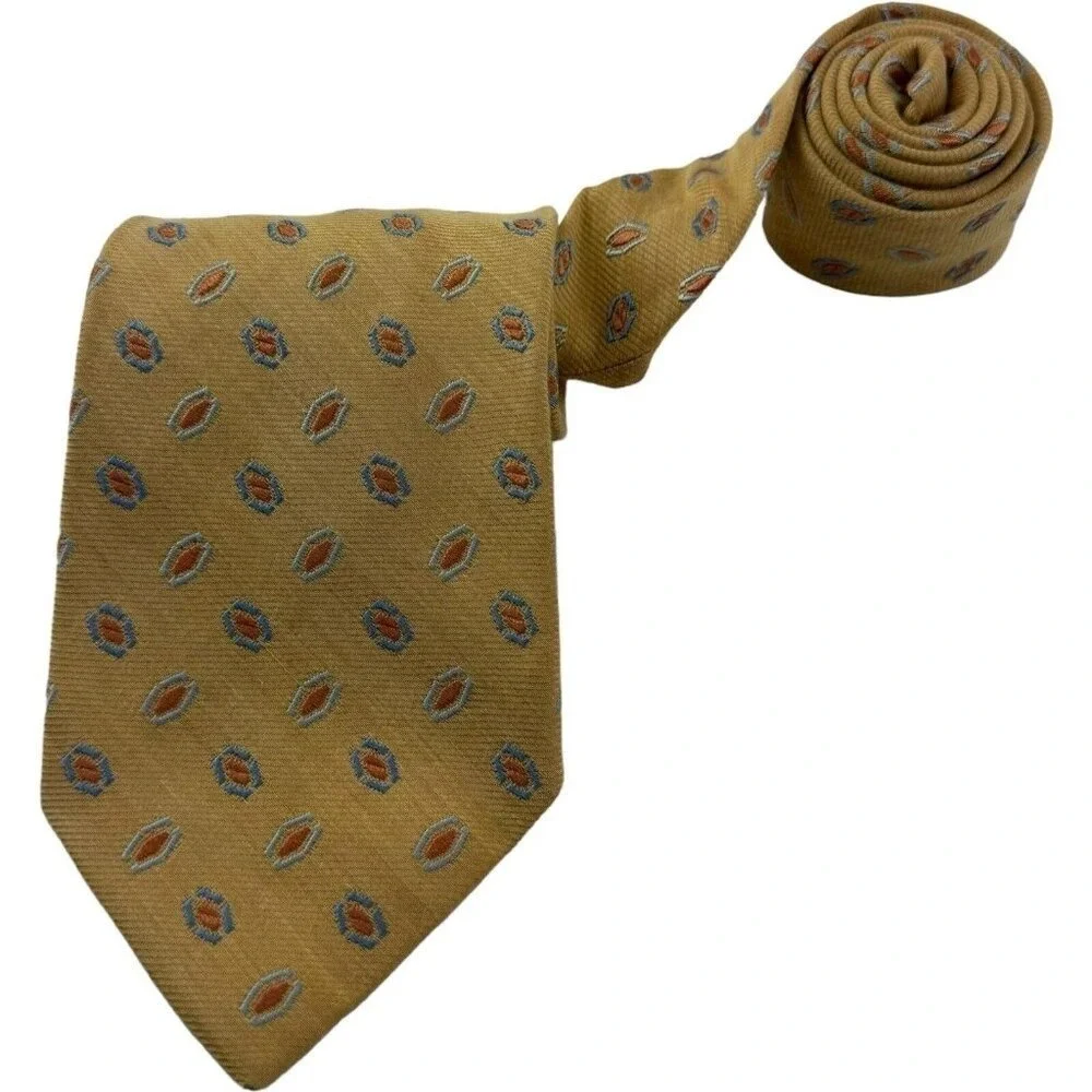 Ermenegildo Zegna Tan w/ Orange & Blue Embroidered Silk Cotton Tie Sz 3.5